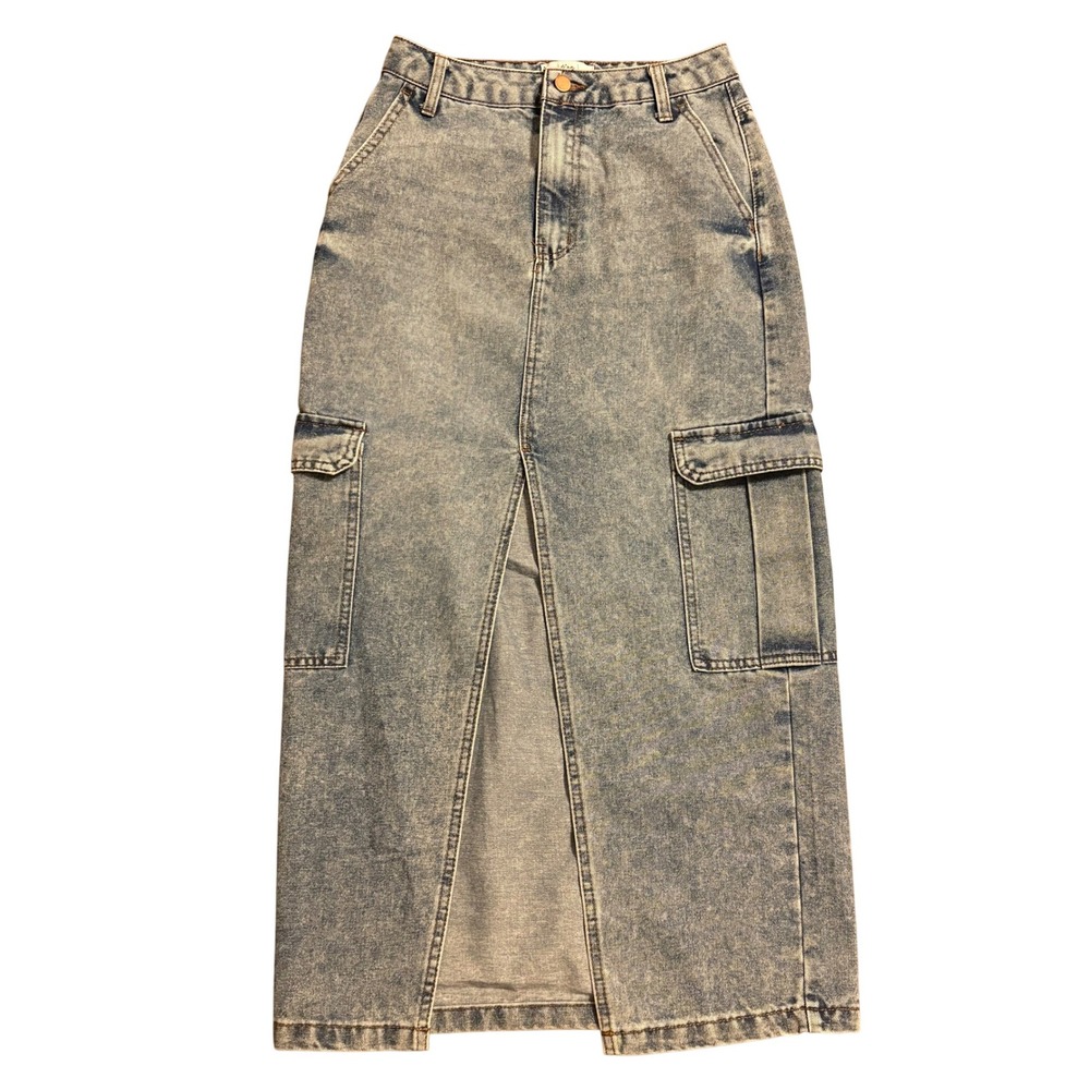 Love Fire Denim Cargo Maxi Skirt Front Slit Size 3